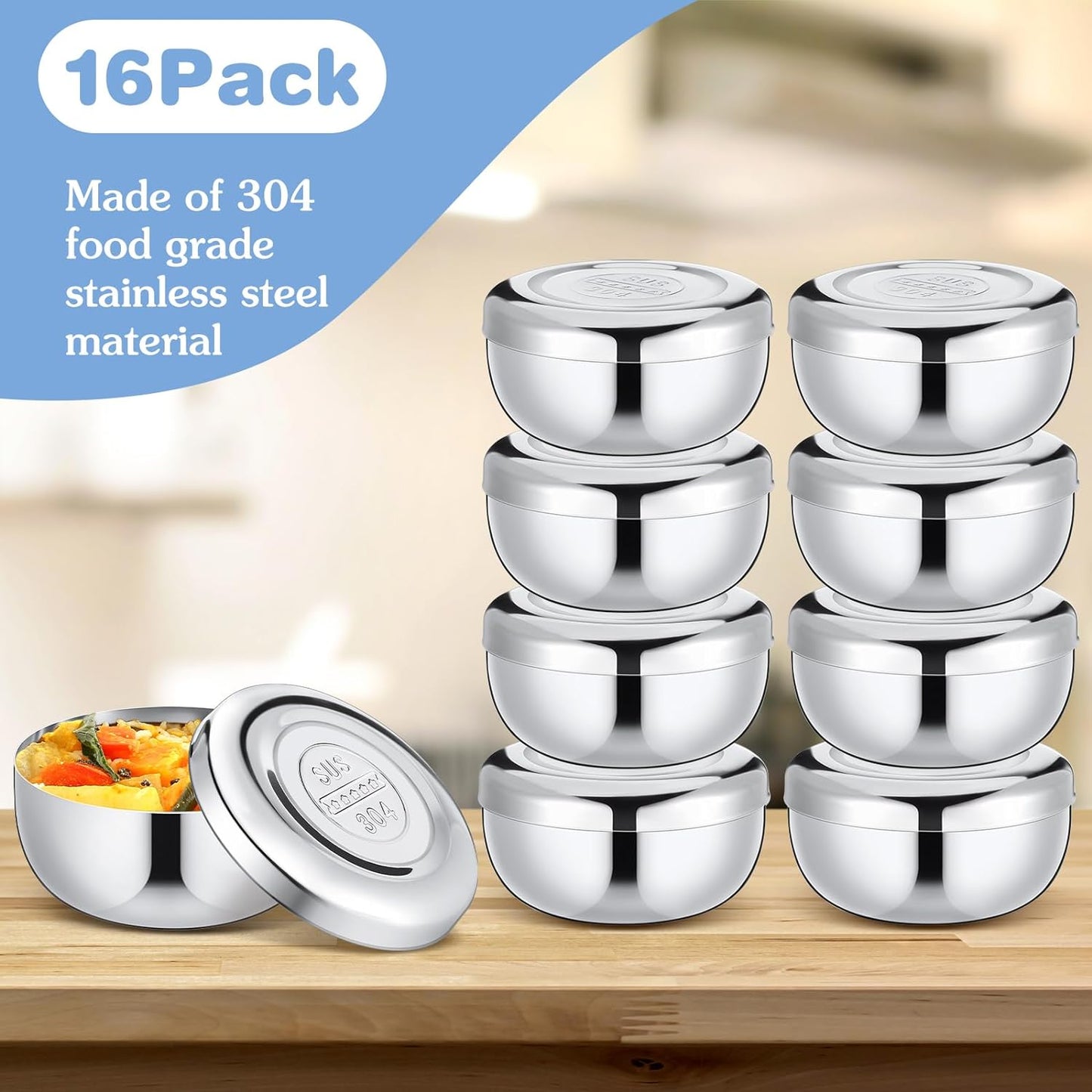 16 Pcs 4.4 oz 3.4 x 3.4 x 1.8 Inch Korean Stainless Steel Bowls with Lids Silver Round Unbreakable Metal Bowl Traditional Noodle Rice Bowl Insulated Soup Bowls for Kitchen Restaurant Serving