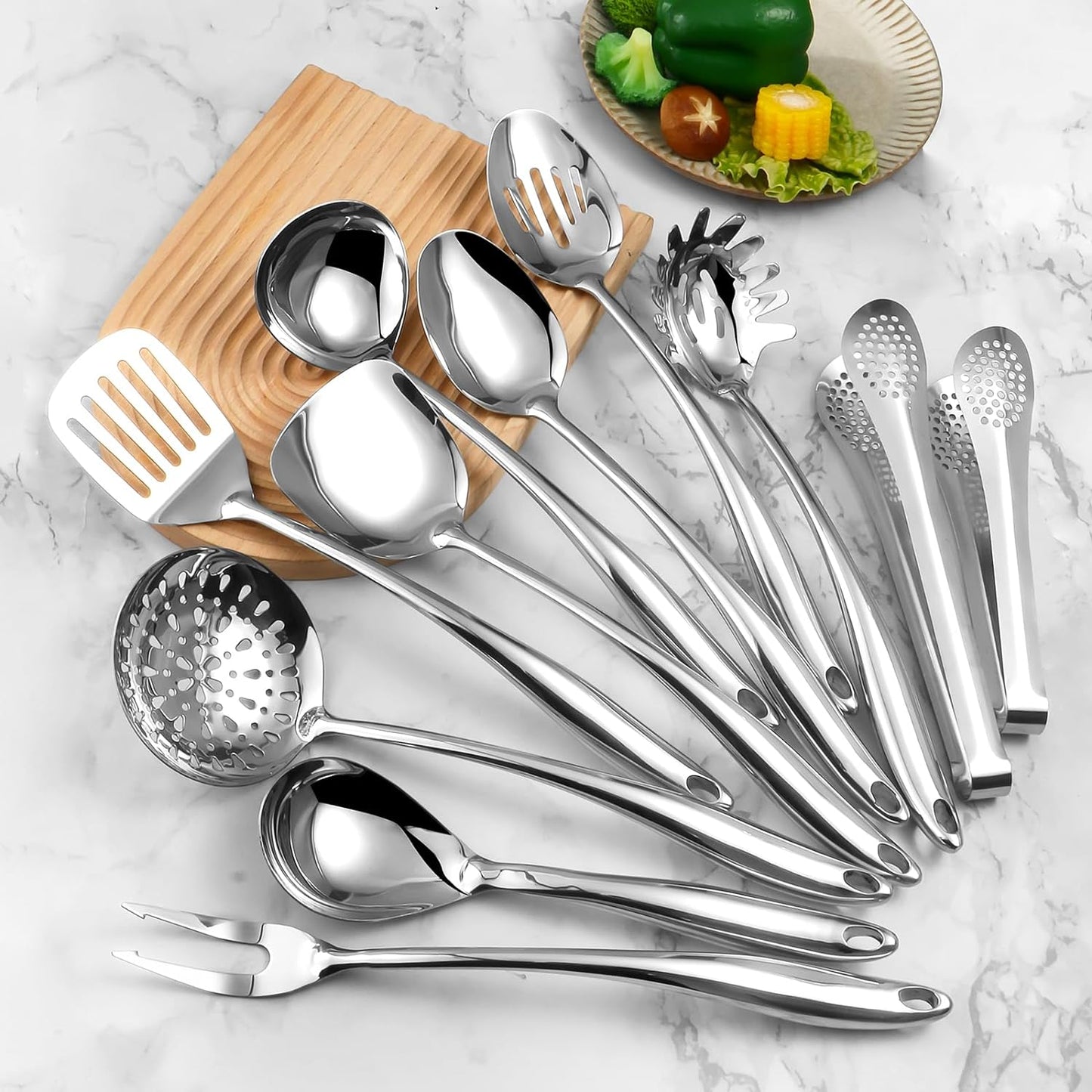 304 Stainlss Steel Kitchen Utensils Set, 11 Pcs Long Metal Cooking Utensil Gadgets Tools Set with Spatula, Spoon, Ladle, Skimmer, Tunner, Pasta Server, Tongs(Mirror Polished, Dishwasher Safe)