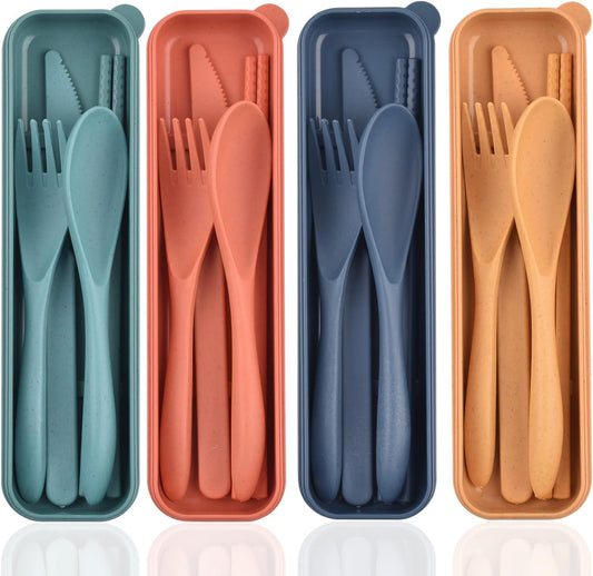 Reusable Utensils Set with Case, 4 Sets Wheat Straw Travel Cutlery Set, Portable Spoon Knife Fork Chopsticks Lunch Box Utensil Set for Kids Adults
