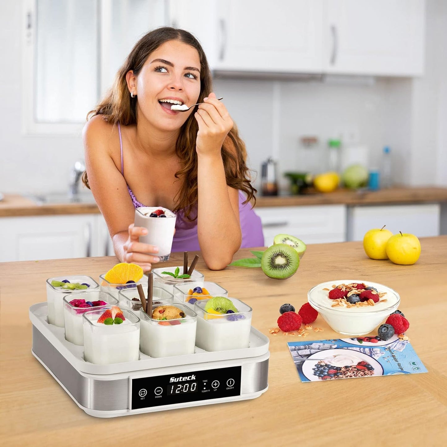 Suteck Yogurt Maker, Greek Yogurt Maker with Temperature Control & Timer, Automatic Digital Yogurt Makers with 9 Glass Jars, 2 Spoons & Recipe, Perfect for Home Organic Yogurt, Cheese/Natto Maker.