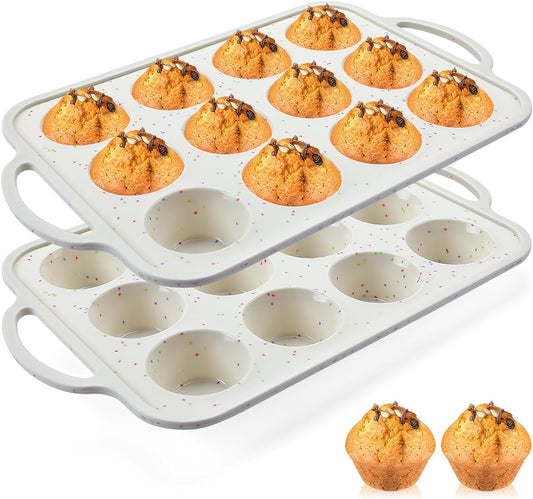 2Pack Small Silicone Muffin Pans with Metal Reinforced Frame, 12 Cup Easy to Release Silicone Cupcake Pan, BPA Free Silicone Muffin Tray, Cupcake Baking Pan for Oven Dishwasher Safe