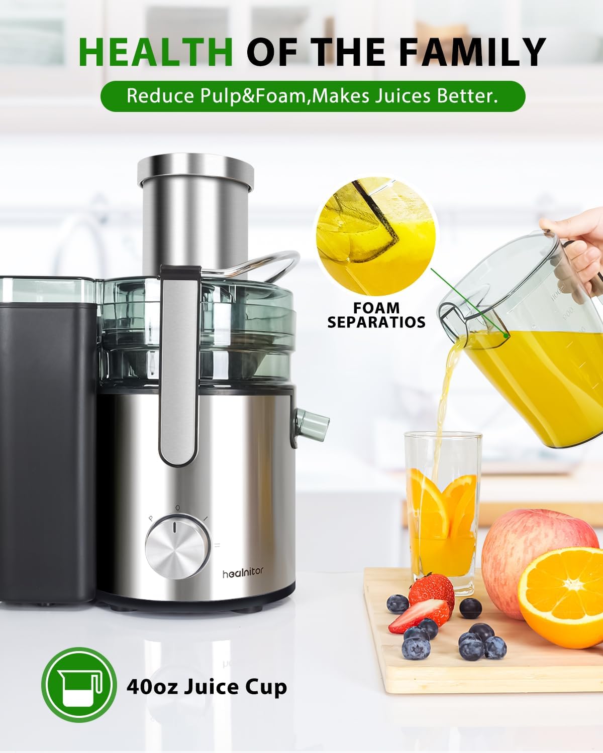 Healnitor 1000W 3-Speed LED Centrifugal Juicer Machines Vegetable and Fruit, 3.5" Big Wide Chute, Easy Clean, High Juice Yield, BPA Free, Stainless Steel