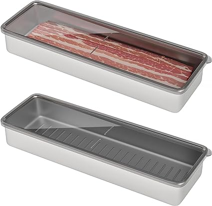 Freshmage Bacon Container for Refrigerator, 304 Stainless Steel Airtight Deli Meat Storage Containers for Fridge Dishwasher Safe Long Kitchen Food Storage Containers with Lids with Elevated Baseâ¦