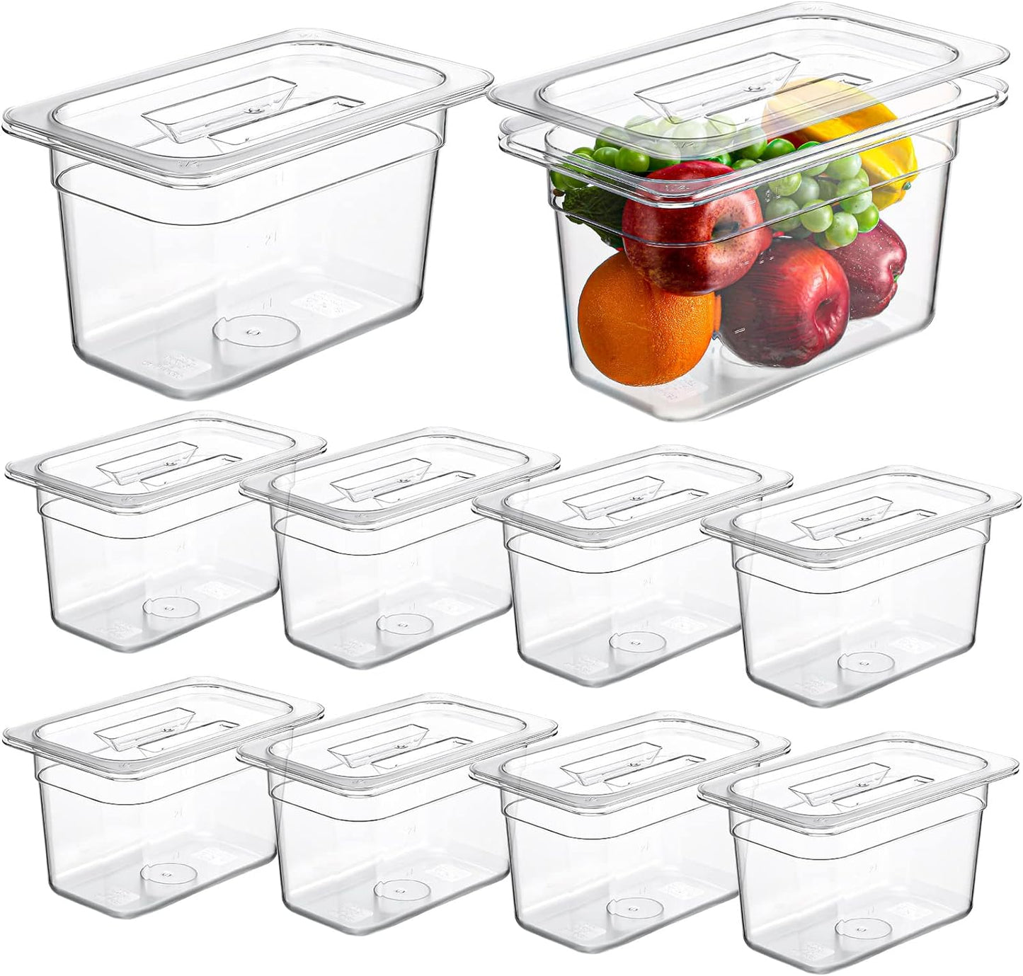 10 Pack Clear Food Pans with Lid Acrylic Transparent Food Pan Stackable Plastic Pan with Capacity Indicator Food Storage Containers Restaurant Supplies Hotel Pan for Fruits Vegetables (6 Inch High)