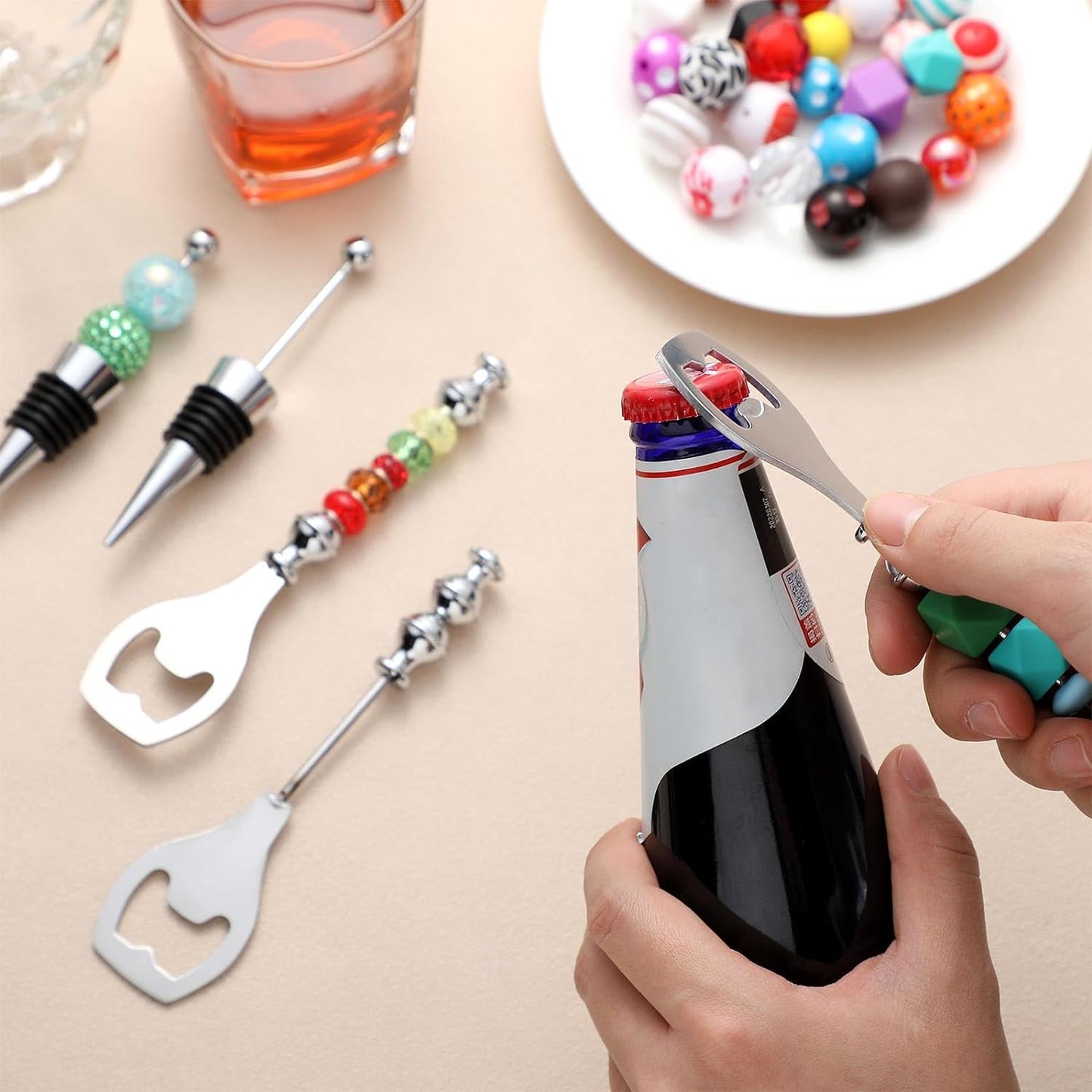 20 Pcs Beadable Wine Stoppers Bulk Beadable Beer Opener Set 10 Decorative Beaded Wine Bottle Stopper 10 Alloy Reusable Bottle Opener for Baby Shower Bar Party Wedding DIY Favor Gifts