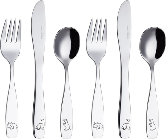 Exzact Kids Flatware 6 Pieces Set - Stainless Steel Silverware 2 x Forks, 2 x Safe Table Knife, 2 x Tablespoons - Child Toddler Utensils - Dinosaurs Engraved