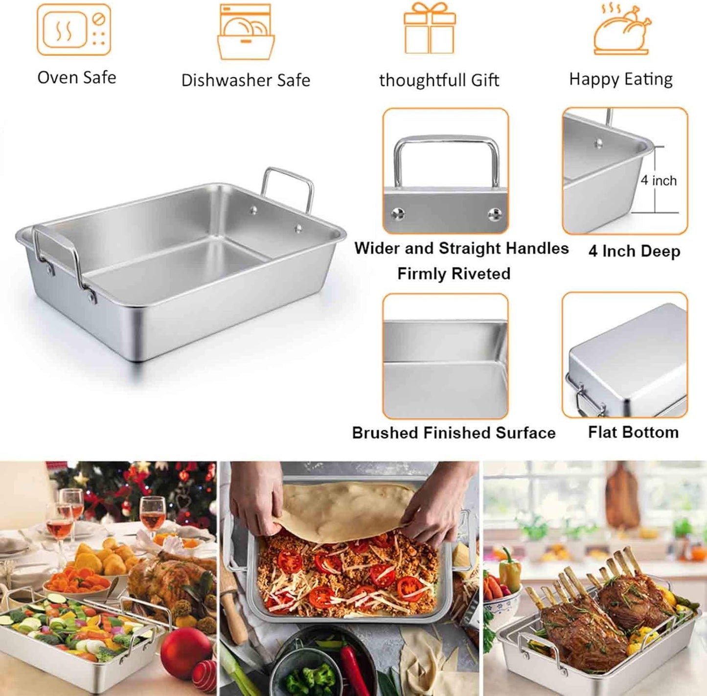 TeamFar Roasting Pan, 15 Inch Large Turkey Roaster Lasagna Pan with V Rack & Cooling Rack Set Stainless Steel For Thanksgiving Christmas, Healthy & Heavy Duty, Deep Side & Dishwasher Safe - 3 PCS