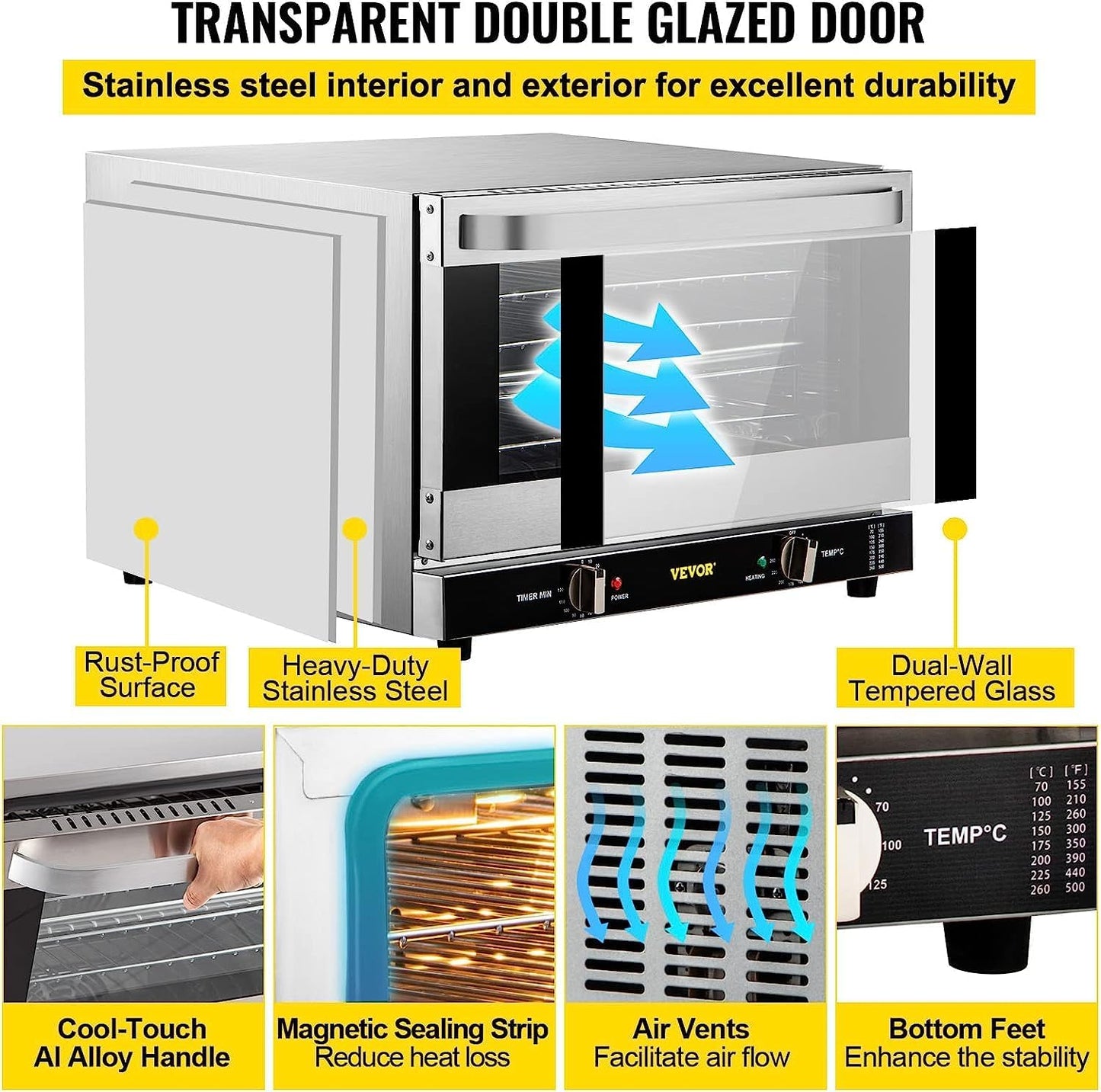 VEVOR Commercial Convection Oven, 66L/60Qt, Half-Size Conventional Oven Countertop, 1800W 4-Tier Toaster w/Front Glass Door, Electric Baking Oven w/Trays Wire Racks Clip Gloves, 120V