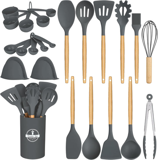 24 Pcs Kitchen Cooking Utensils Set,446°F Heat Resistant Non-Stick Silicone Kitchen Utensil Set With Wooden Handles and Holder,Kitchen Gadgets for Cookware,Kitchen Accessories,Grey