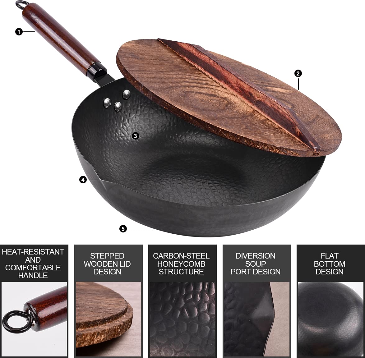 12.8" Carbon Steel Wok-11Pcs Woks & Stir Fry Pans Wok Pan with Lid, No Chemical Coated Chinese Wok with 10 Cookware Accessories, Flat Bottom Wok for Electric, Induction,Gas Stoves
