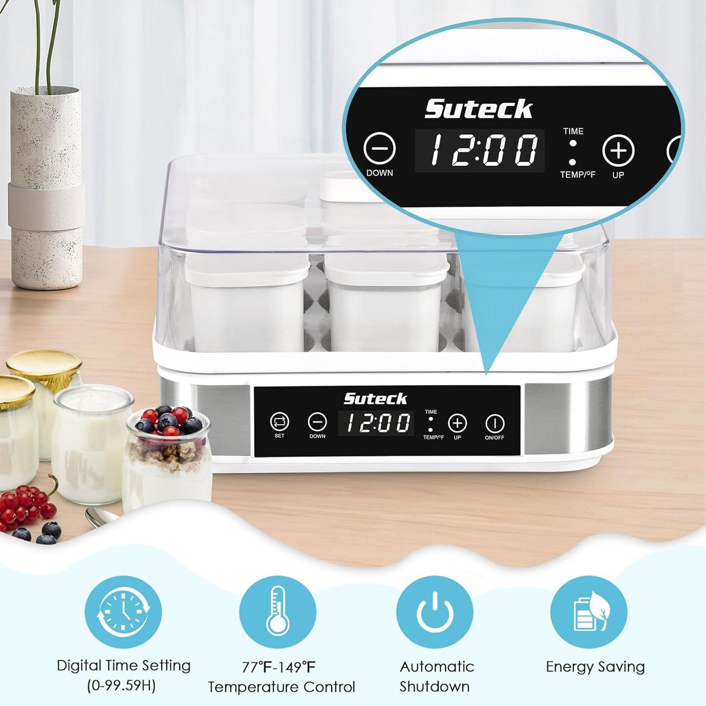 Suteck Yogurt Maker, Greek Yogurt Maker with Temperature Control & Timer, Automatic Digital Yogurt Makers with 9 Glass Jars, 2 Spoons & Recipe, Perfect for Home Organic Yogurt, Cheese/Natto Maker.