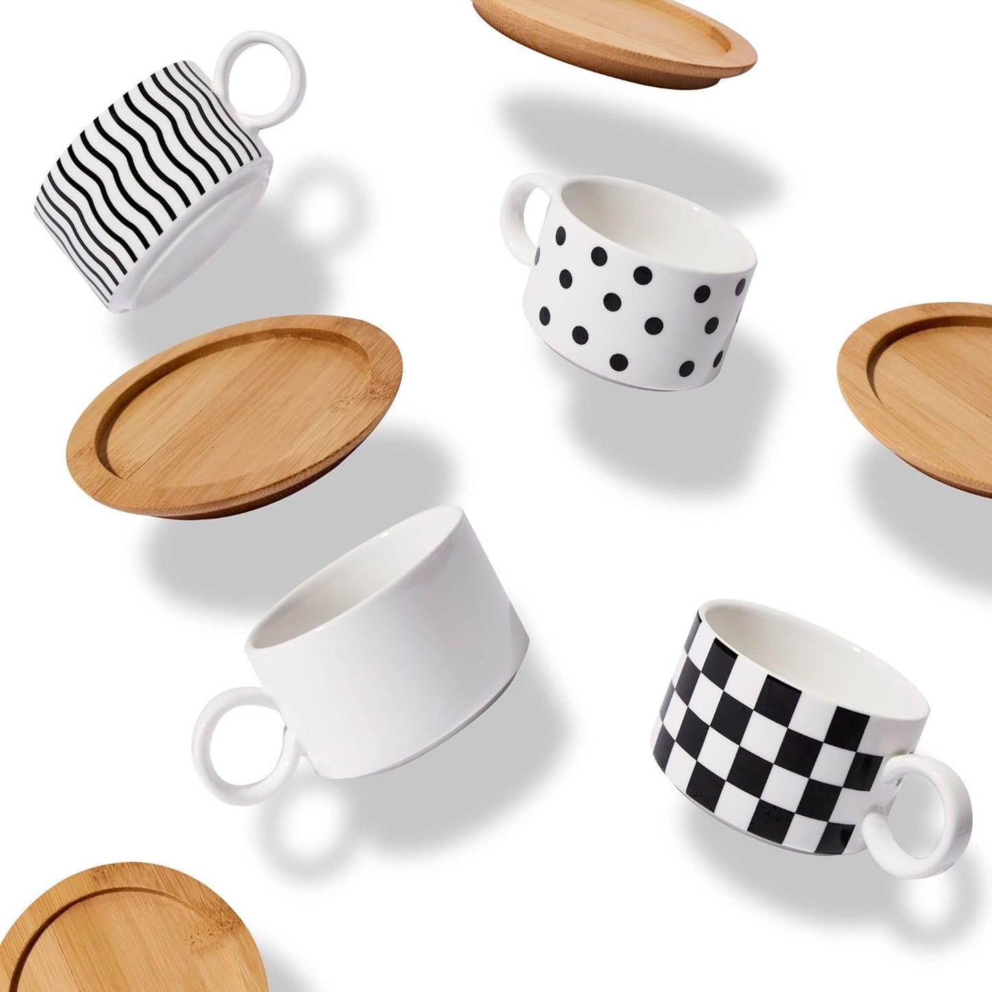 Stackable Espresso Cups Set of 4 - Espresso Mugs with Wooden Saucers, Metal Stand - Durable Porcelain Espresso Cup - Easy To Clean, Dishwasher-Safe - Modern Coffee, Latte, Tea Mug Set - 6 Oz