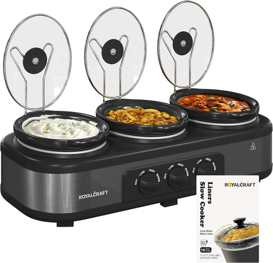 Sunvivi Slow Cooker with 10 Cooking Liners, Triple Slow Cooker Buffet Server 3 Pot Food Warmer for Parties with 3 Spoons ＆ Lid Rests,Adjustable Temp, Total 4.5 QT