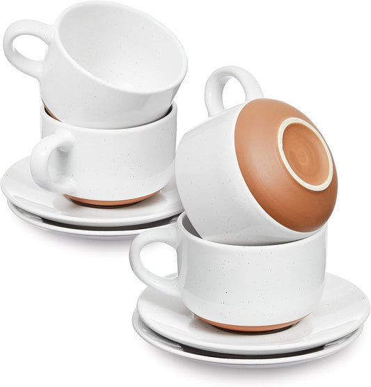 SHEFFIELD HOME Elegant Coffee Mug Set - Set of 4 Stoneware 8oz Cups with Saucers – Dishwasher and Microwave Safe Ceramic - Ideal for Cappuccino, Espresso, Latte, or Tea - Vanilla White