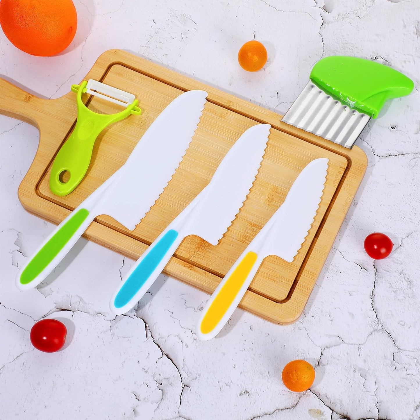 mwellewm 5 Pcs Kids Knife Set for Real Cooking Toddler Montessori Kitchen Tools Kids Friendly Cutting Board and Knives Set for Bread Vegetable Fruit Cake