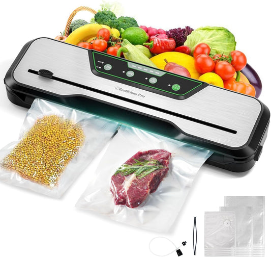Automatic Food Vacuum Sealer Machine | Beelicious Pro® 80KPa 8-In-1 Food Vacuum Saver with Starter Kits | 15 Bags, Pulse Function, Moist&Dry Mode and External VAC for Jars and Containers