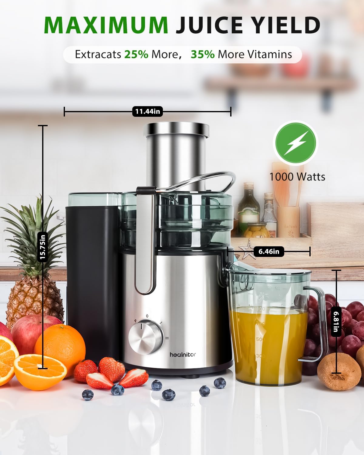 Healnitor 1000W 3-Speed LED Centrifugal Juicer Machines Vegetable and Fruit, 3.5" Big Wide Chute, Easy Clean, High Juice Yield, BPA Free, Stainless Steel