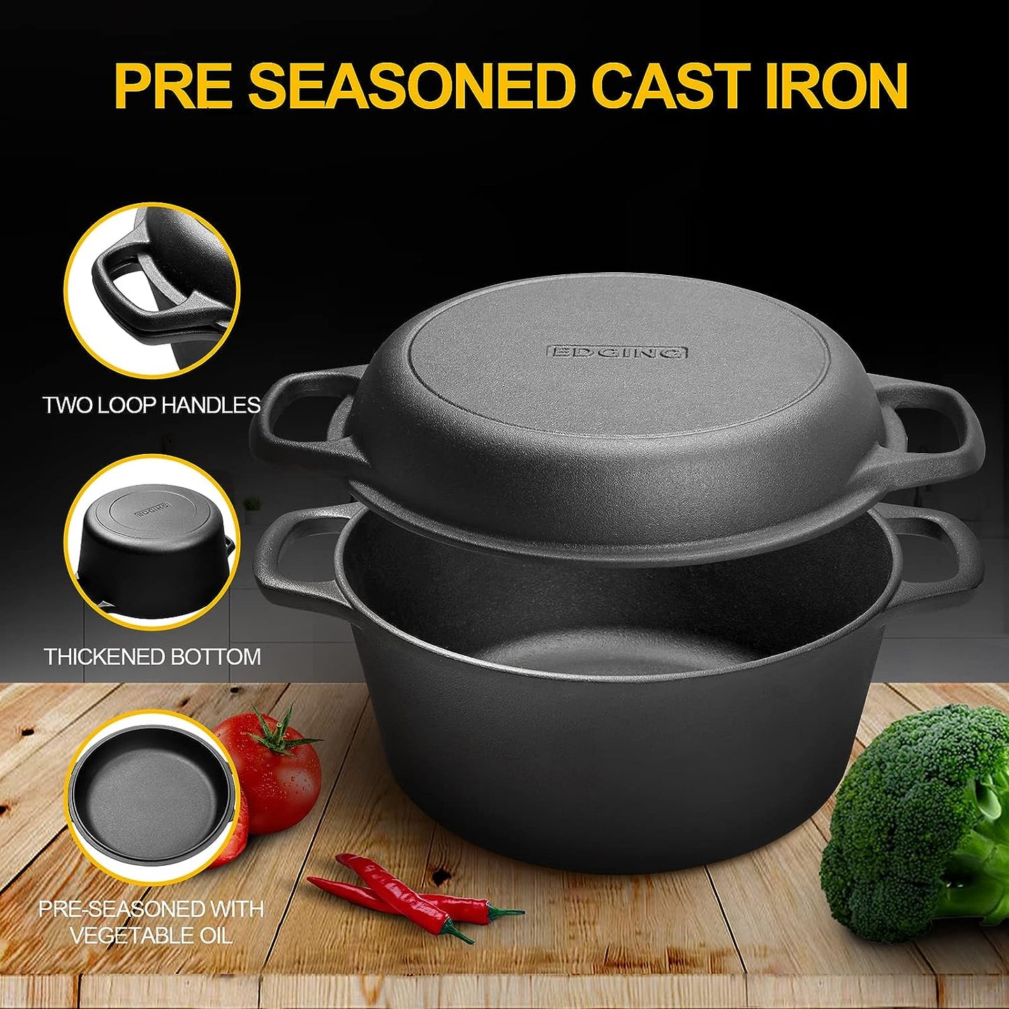 2-in-1 Pre-Seasoned Cast Iron Dutch Oven Pot with Skillet Lid Cooking Pan, Cast Iron Skillet Cookware Pan Set with Dual Handles Indoor Outdoor for Bread, Frying, Baking, Camping, BBQ, 5QT