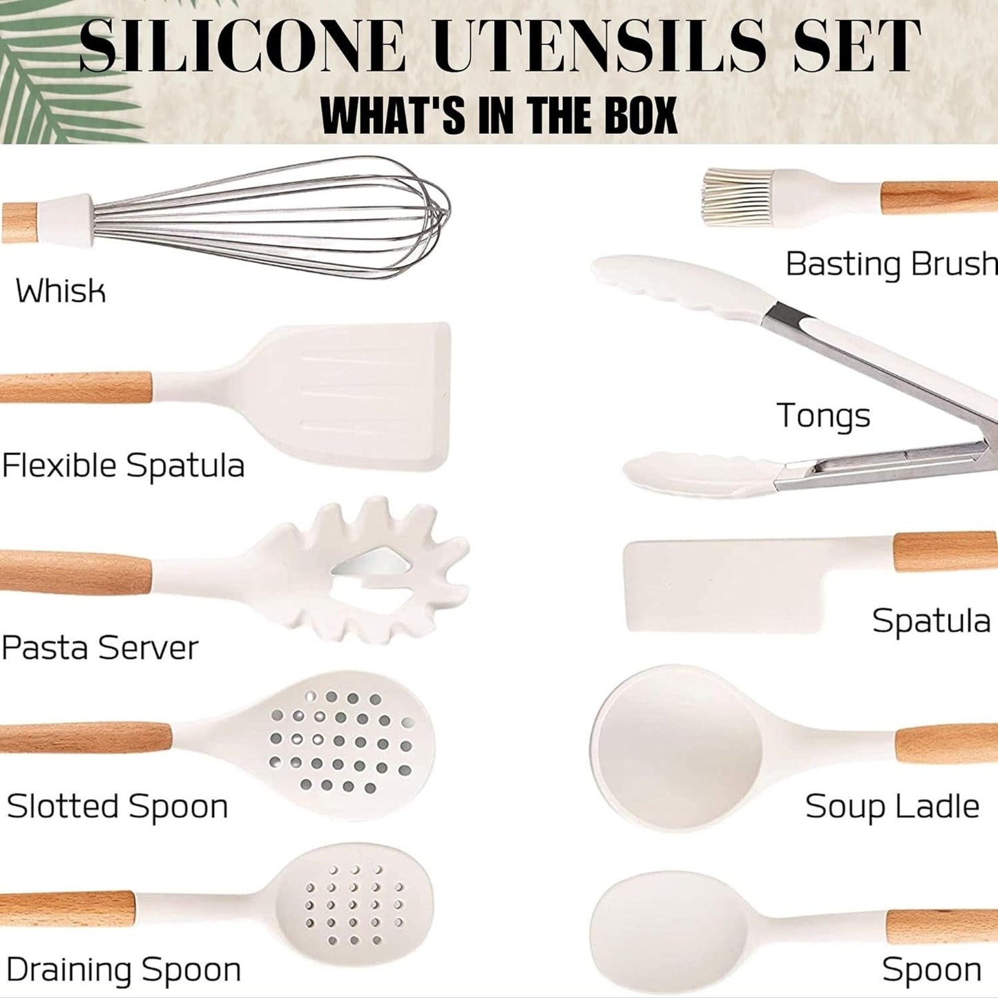11-Piece White Silicone Kitchen Utensils Set | Heat-Resistant Cooking Tools with Beechwood Handles | Stain-Free & Non-Stick Utensil Set