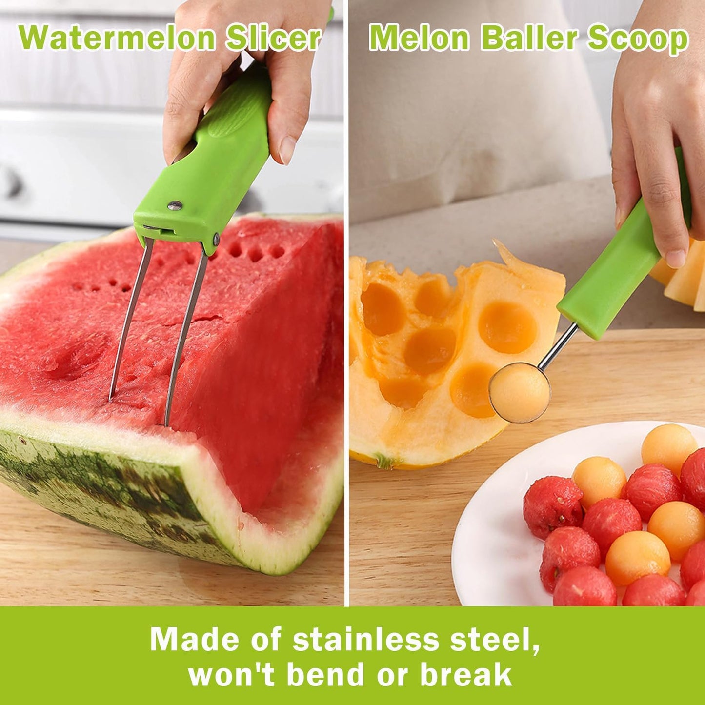 Watermelon Slicer Cutter Knife with Melon Baller Scoop Set，Fruit Scooper Watermelon Knife for Ice Cream Melon，Dig Pulp Separator Fruit Slice