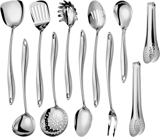 304 Stainlss Steel Kitchen Utensils Set, 11 Pcs Long Metal Cooking Utensil Gadgets Tools Set with Spatula, Spoon, Ladle, Skimmer, Tunner, Pasta Server, Tongs(Mirror Polished, Dishwasher Safe)