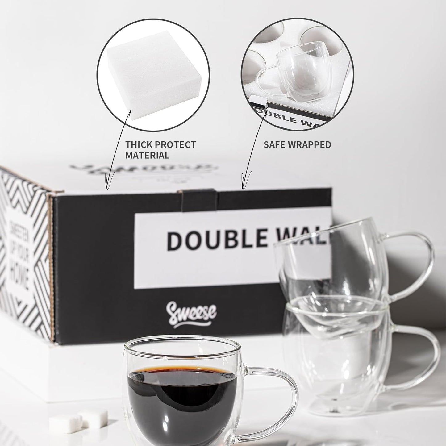 Sweese Clear Coffee Mugs - 8 oz Double Wall Glass Coffee Mugs Set of 4, Perfect for Espresso, Latte, Cappuccino