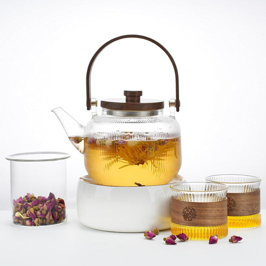 1000ml/34oz Glass Teapot Set with 2 Teacups & Removable Infuser, Heatproof Borosilicate Glass Tea Pot, Tea Maker for Loose Leaf & Blooming Tea