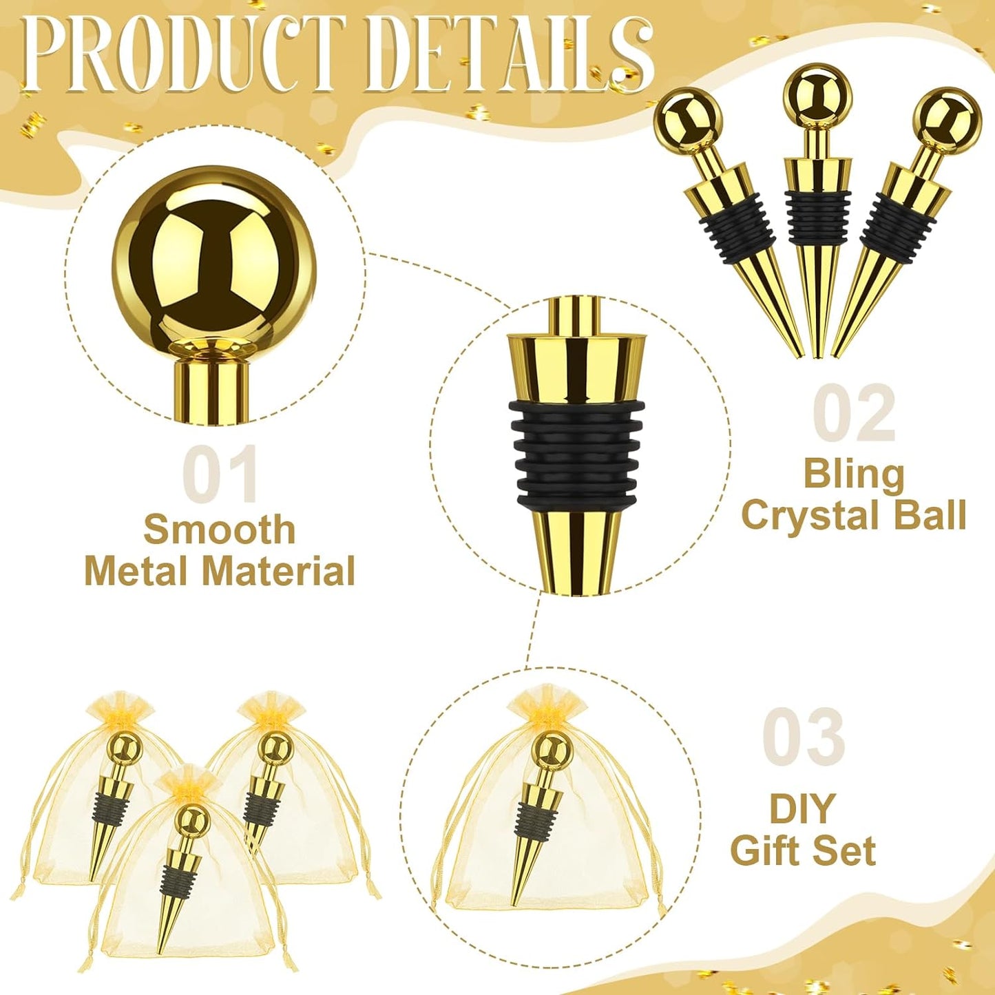 24 Pcs Gold Wine Stoppers Bulk Stainless Steel Bottle Stopper Reusable Wine Corks for Beverage Vacuum Silicone Stopper with Sheer Organza Bags for Guest Wedding Holiday Bar Party