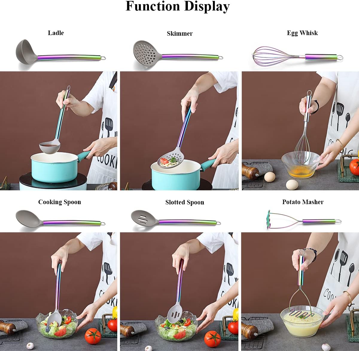 38 Piece Silicone kitchen Cooking Utensils Set with Utensil Crocks, Silicone Head and Stainless Steel Handle Cookware, Kitchen Tools for Utensil Set, Non-Stick kitchen Gadgets,Dishwasher Safe(Rainbow)