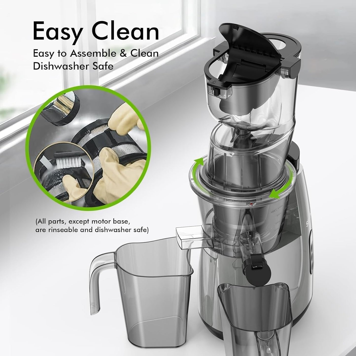 SiFENE Whole Fruit Cold Press Juicer Machine - Vertical Slow Masticating Juicer with Large 3.3in Feed Chute - Easy to Clean, Design for Whole Fruits & Vegetables, Gray