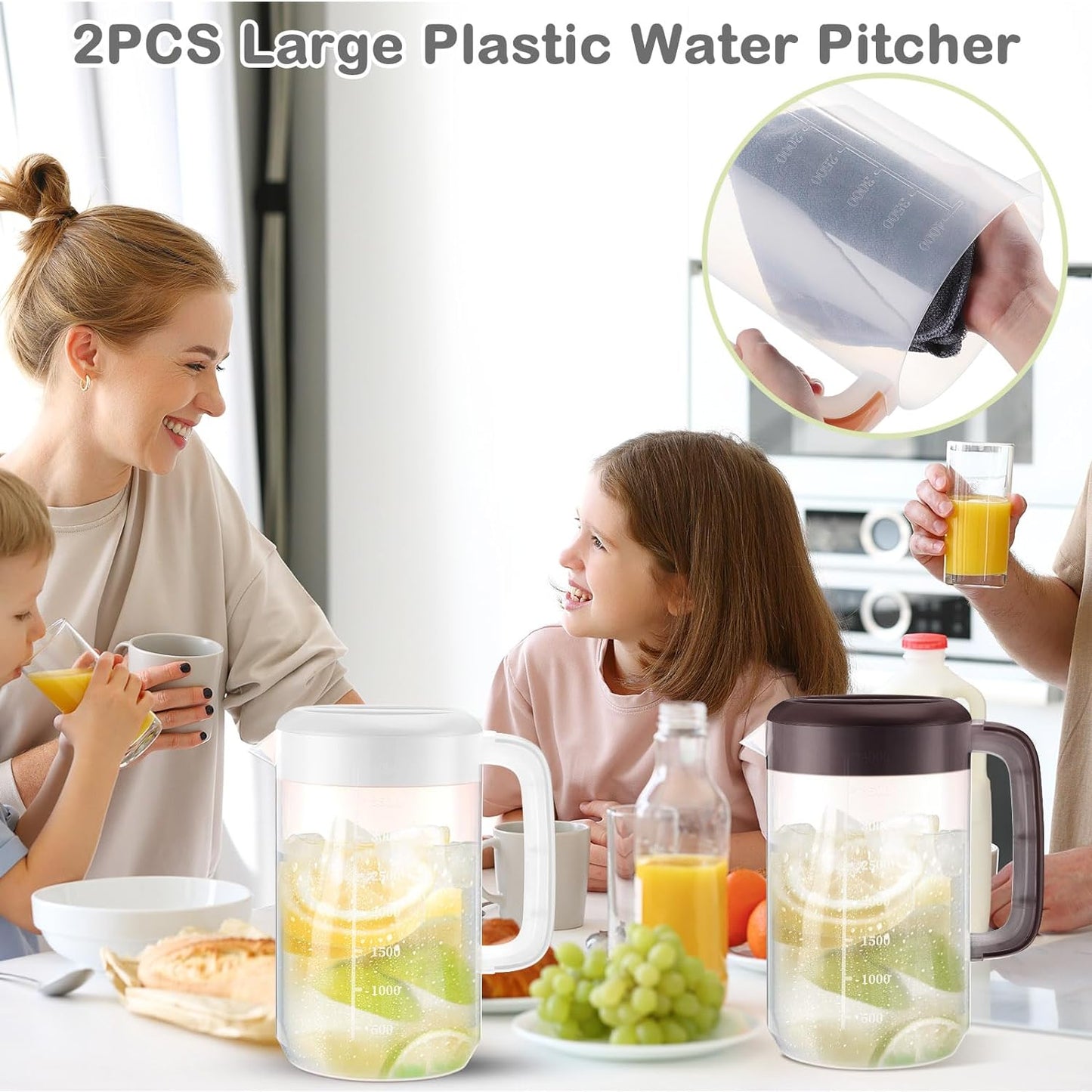 2Pcs Plastic Pitcher with Lid Large Clear Water Carafe Jug Ice Tea Pitcher Lemonade Juice Beverage Jar with Strainer Cover Handle Measurements for Hot Cold Coffee Drink (Coffee, White,1 Gallon/4L)