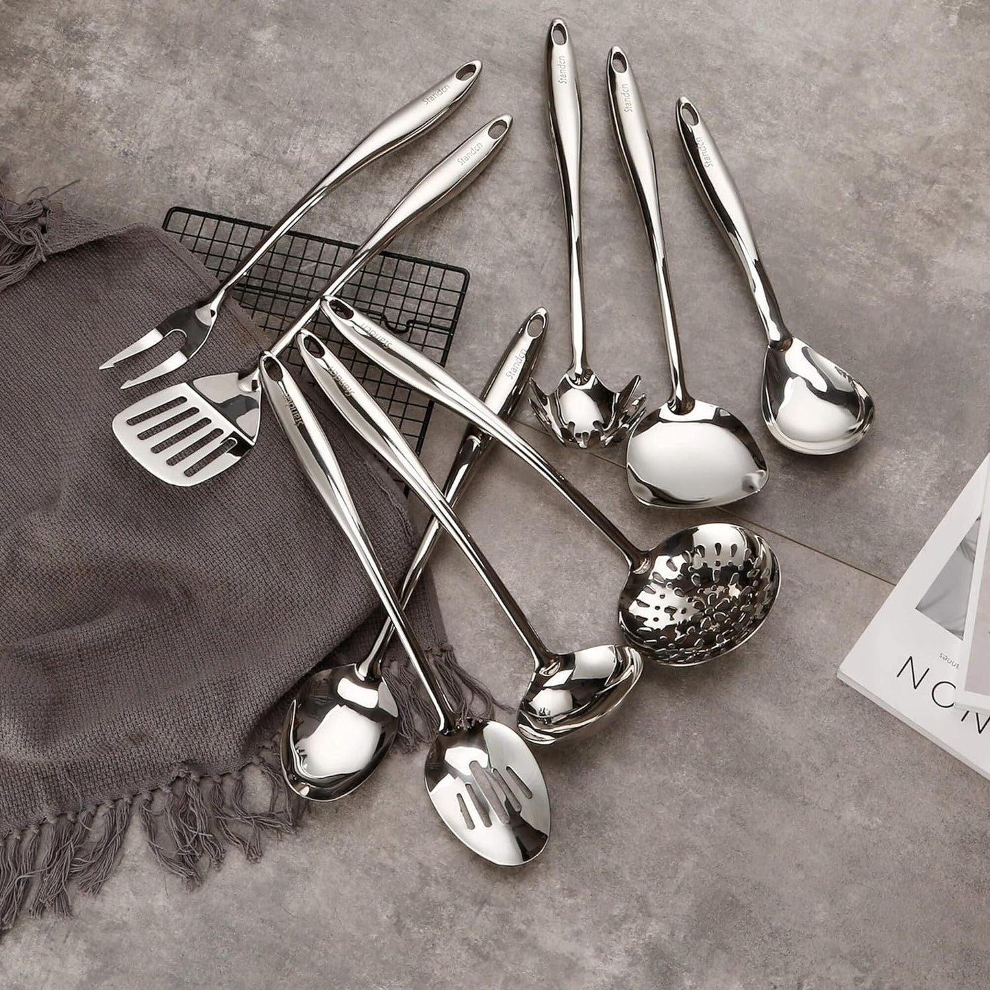 304 Stainless Steel Kitchen Utensil Set - 9 PCS Serving Utensils, Cooking Utensil, Solid Spoon, Slotted Spoon, Fork, Spatula, Ladle, Skimmer Spoon, Slotted Spatula Tunner, Spaghetti Spoon, Large Spoon