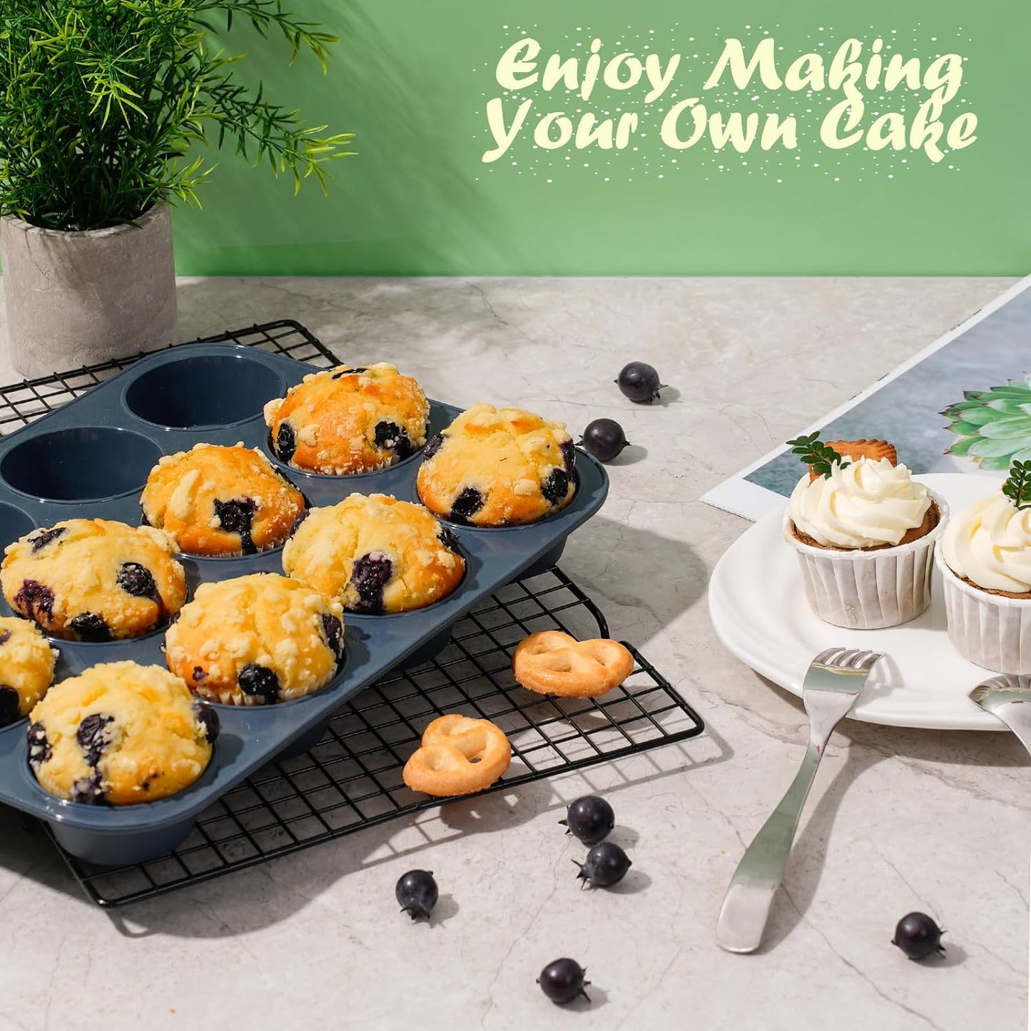 2 Pack Silicone Muffin Baking Pan & Cupcake Tray 12 Cup - Nonstick Cake Molds/Tin, Silicon Bakeware, BPA Free, Dishwasher & Microwave Safe (12 Cup Size, Grey)