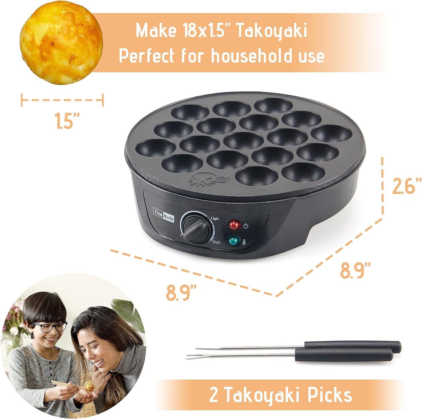 Takoyaki Maker Pan with Temperature Control, Tools and Recipes, Make 18 Japanese Octopus Balls at once, Easy to Use and Store