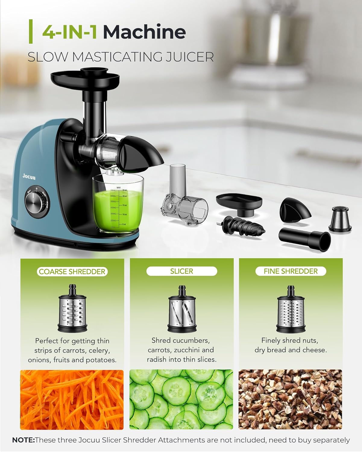 Jocuu Slow Masticating Juicer with 2-Speed Modes - Cold Press Juicer Machine - Quiet Motor & Reverse Function - Easy to Clean Juicer Extractor - Juice Recipes for Fruits & Vegetables (Dark Green)