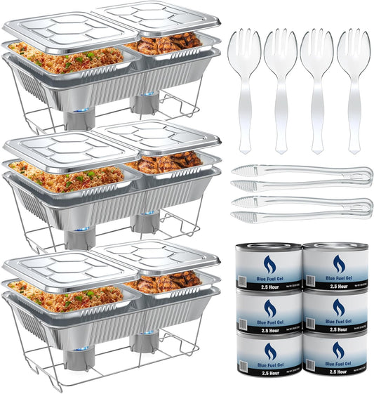 Chafing Dish Buffet Set Disposable - Chafing Dishes for Buffet Kit [30 Piece Set] Food Warmers for Parties - 2.5 Hour Fuel Cans, Wire Racks, Aluminum Pans, Covers, Servers Supplies [Full Size Set]