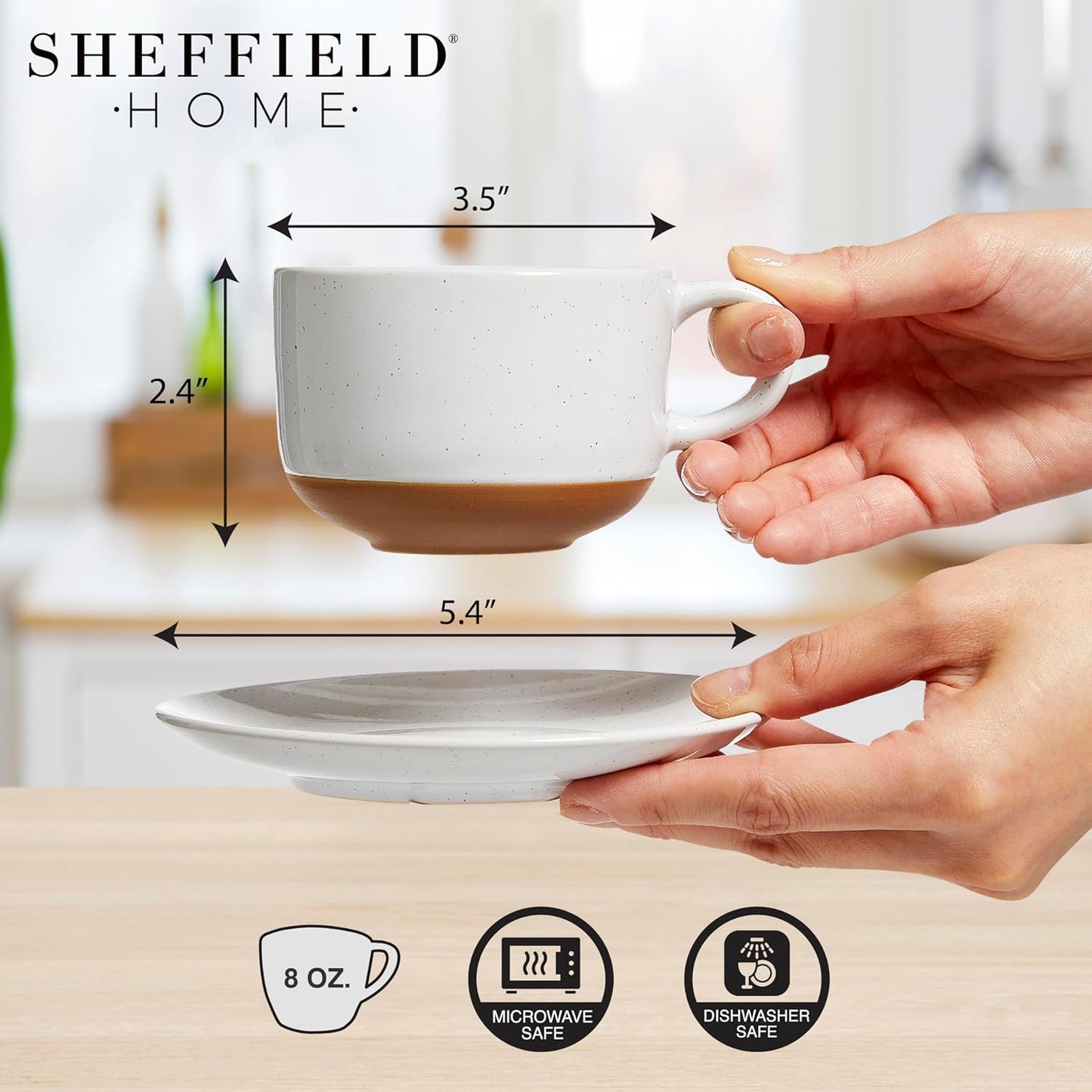 SHEFFIELD HOME Elegant Coffee Mug Set - Set of 4 Stoneware 8oz Cups with Saucers – Dishwasher and Microwave Safe Ceramic - Ideal for Cappuccino, Espresso, Latte, or Tea - Vanilla White