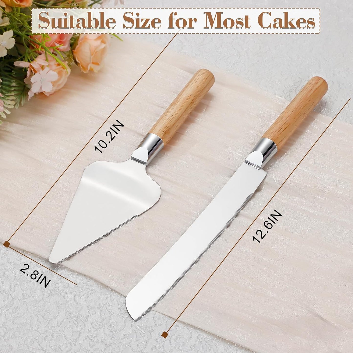 Cake Cutting Set for Wedding, Wood Cake Knife and Server Set, Vintage 2-Piece Pie Cutter Serving Set, Serrated Pizza Dessert Utensils, Bridal Anniversary Birthday Quinceañera Gift