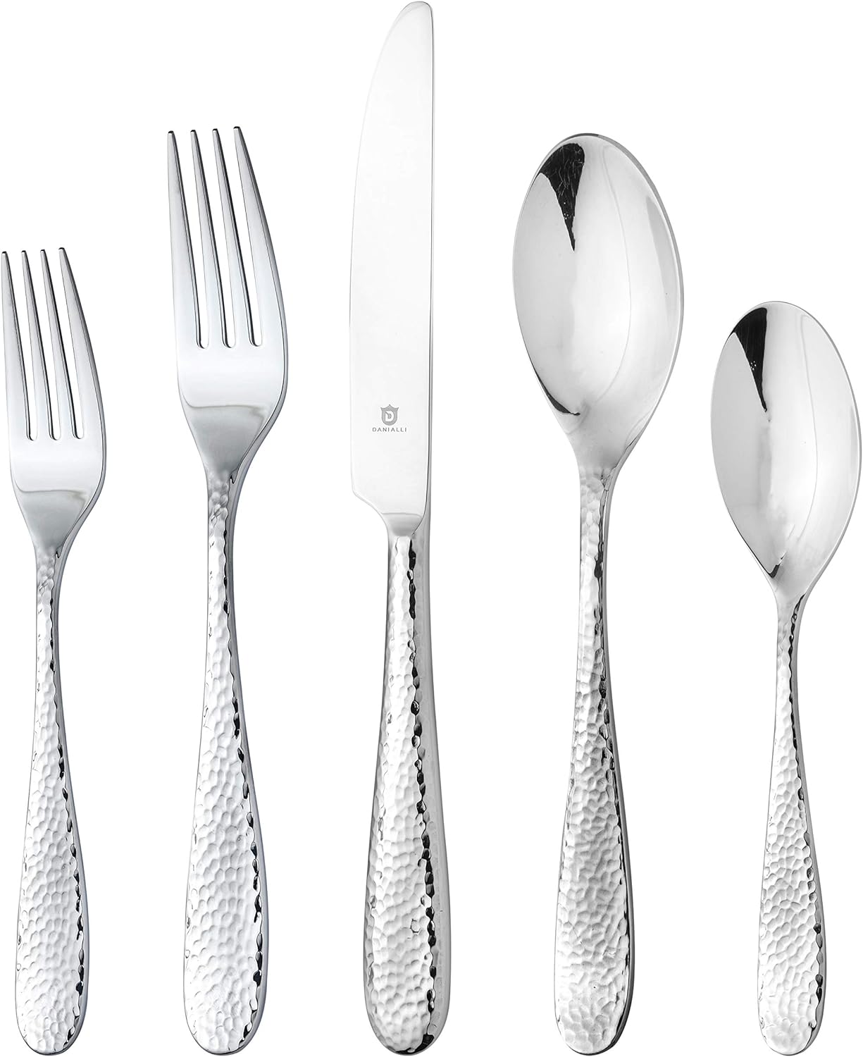 DANIALLI 40 Piece Silverware Set For 8, 18 10 Stainless Steel Silverware Set, Modern Fidenza Hammered Flatware Set, Knife/Fork/Spoon & Long Teaspoon/Salad Fork Mirror-Polished Dishwasher Safe Cutlery