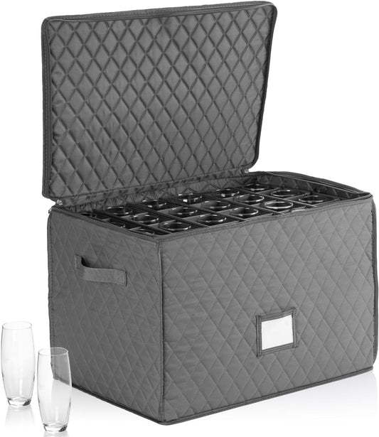 China Cup Storage Chest with 2 layers of storage featuring a inner case for extra protection - Quilted Fabric Container Can Hold 48 Coffee Cups or Mugs - 19" x 13" x 12"H - Gray