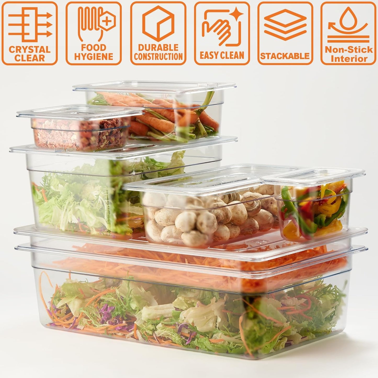 CURTA 6 Pack NSF Food Pans, 1/3 Size 4 Inch Deep, Commercial Polycarbonate Plastic Clear Freezer-Safe