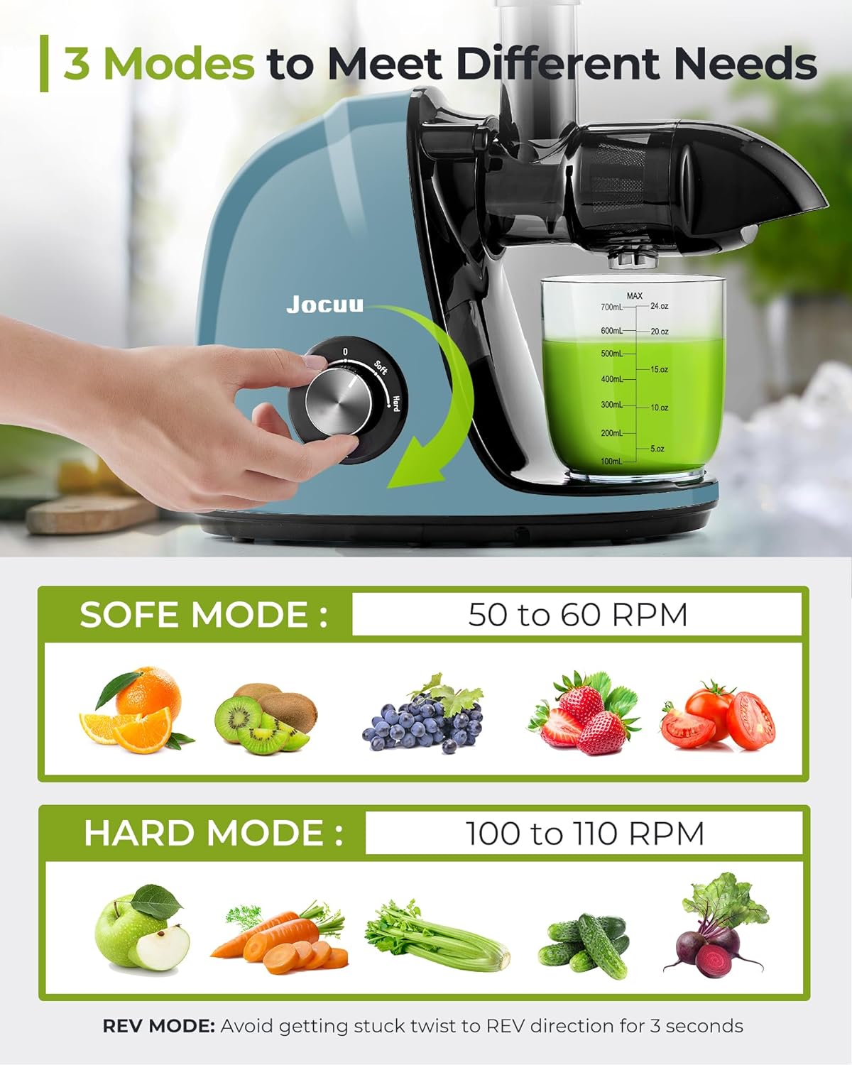 Jocuu Slow Masticating Juicer with 2-Speed Modes - Cold Press Juicer Machine - Quiet Motor & Reverse Function - Easy to Clean Juicer Extractor - Juice Recipes for Fruits & Vegetables (Dark Green)