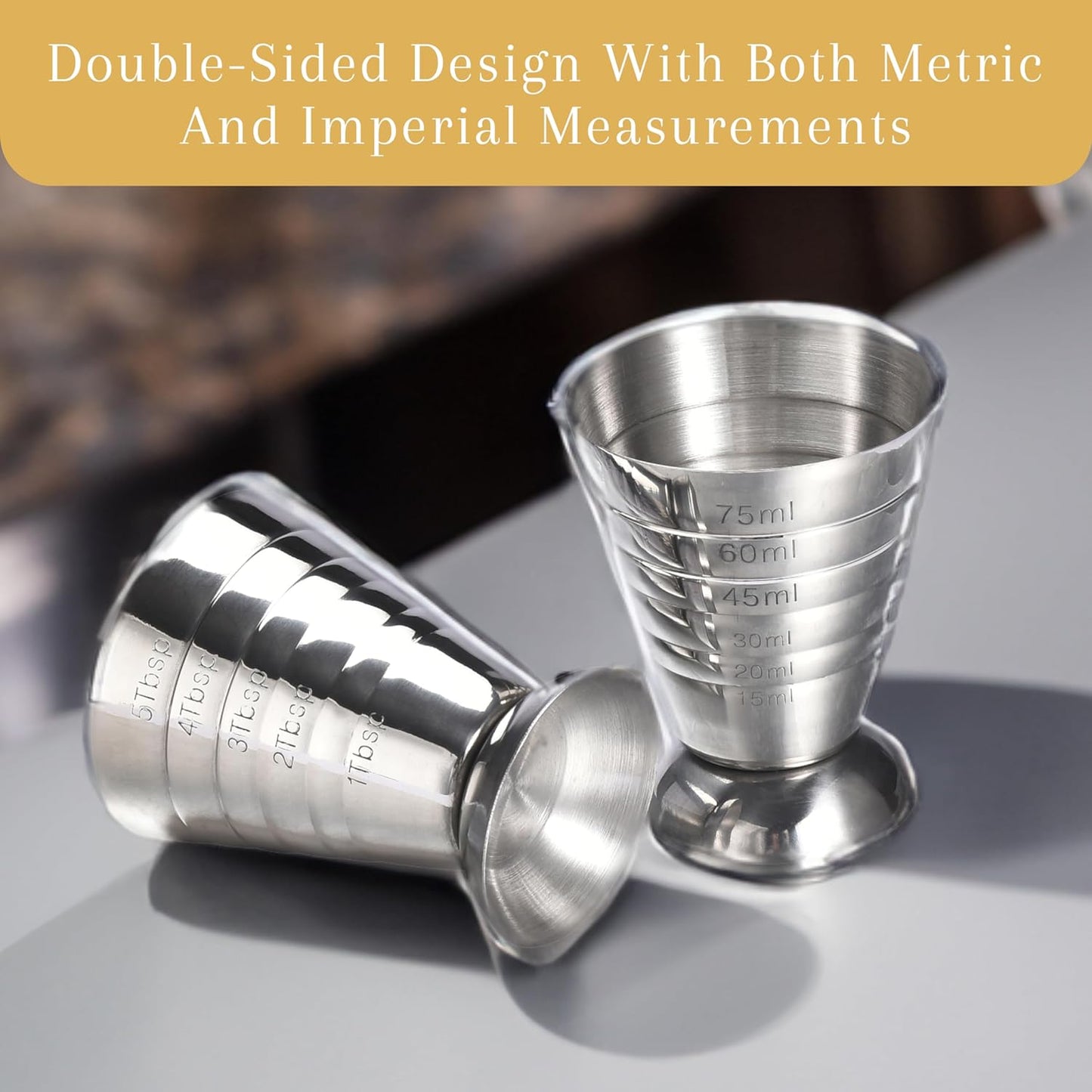 2LB Depot Pack Of 2 Stainless Steel Cocktail Jigger Measuring 2.5 fl oz Measure Cup - Jigger Bar Accessories for Bartending - Measure Wine, Alcohol, Liquor Cocktail Shot - (2.5 fl oz / 5 tbsp / 75 ml)