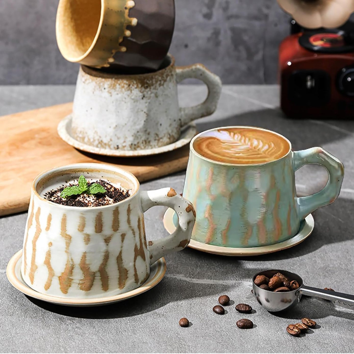 Rustic Coffee Mugs Set, 10 oz Ceramic Mug Set of 2 with Saucers Spoons Hobo Cups Mugs Set for Office Home Farmhouse Gifts for Couples Grandparents Mother's Day