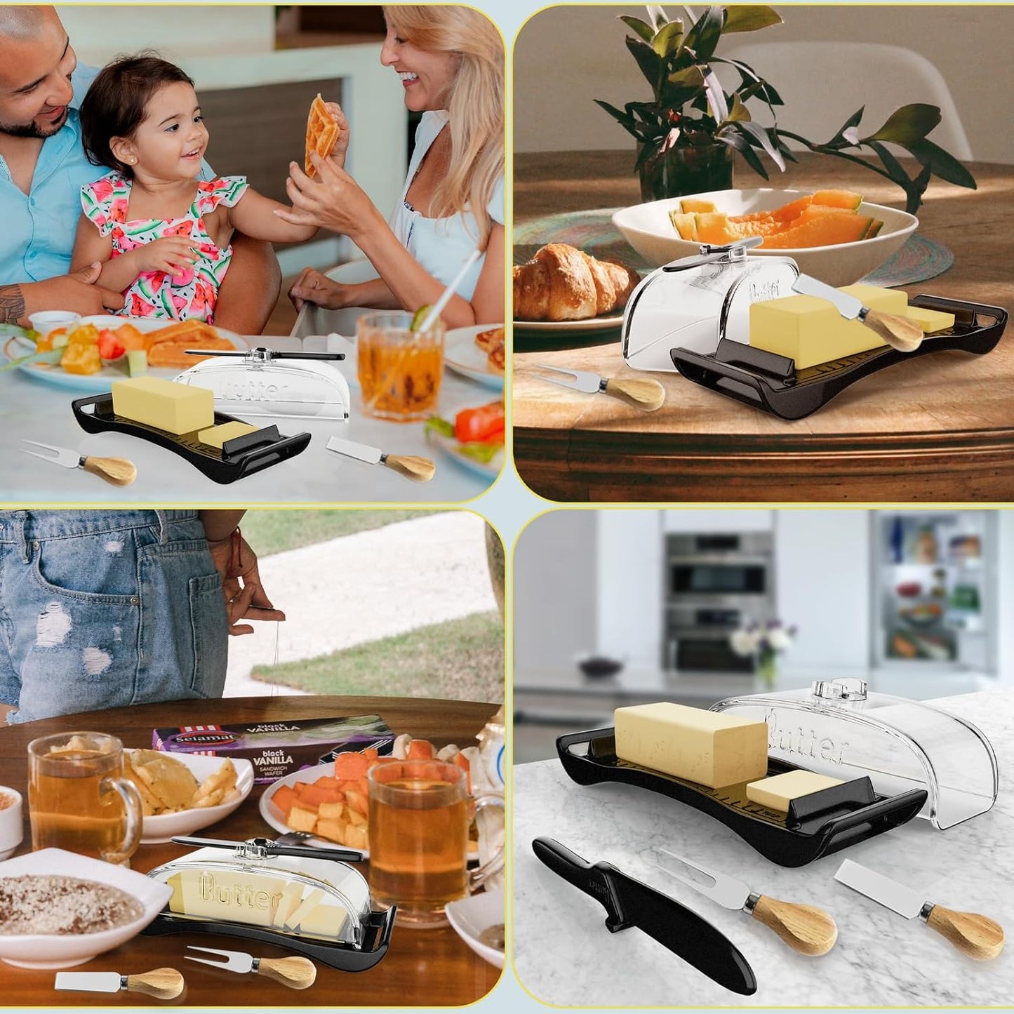 Plastic Butter Dish with Butter Knife/Spreader,Butter Forks Set - BPA-Free Butter Tray Container with Lid for Countertop, Black Butter Dish for Refrigerator, Camping, Dishwasher & Freezer Safe