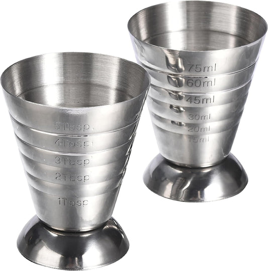 2LB Depot Pack Of 2 Stainless Steel Cocktail Jigger Measuring 2.5 fl oz Measure Cup - Jigger Bar Accessories for Bartending - Measure Wine, Alcohol, Liquor Cocktail Shot - (2.5 fl oz / 5 tbsp / 75 ml)
