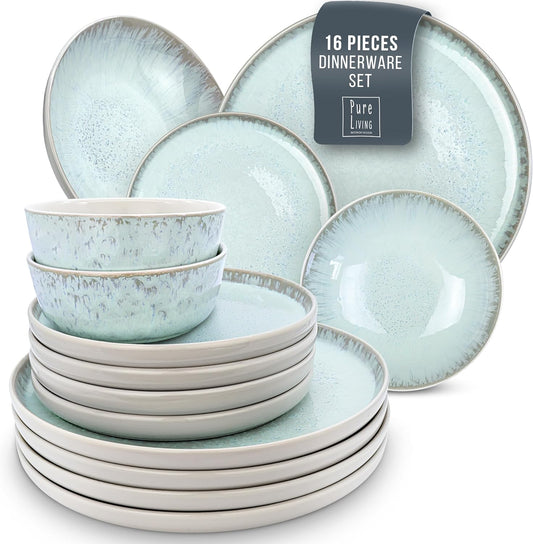 16 Piece Dinnerware Sets for 4-Modern Style Stoneware Dinnerware Set -Scratch Resistant,Dishwasher,Microwave Safe Plates and Bowls Sets Ceramic,Dish Set, Bowl and Plate Set -Light Beige and Blue