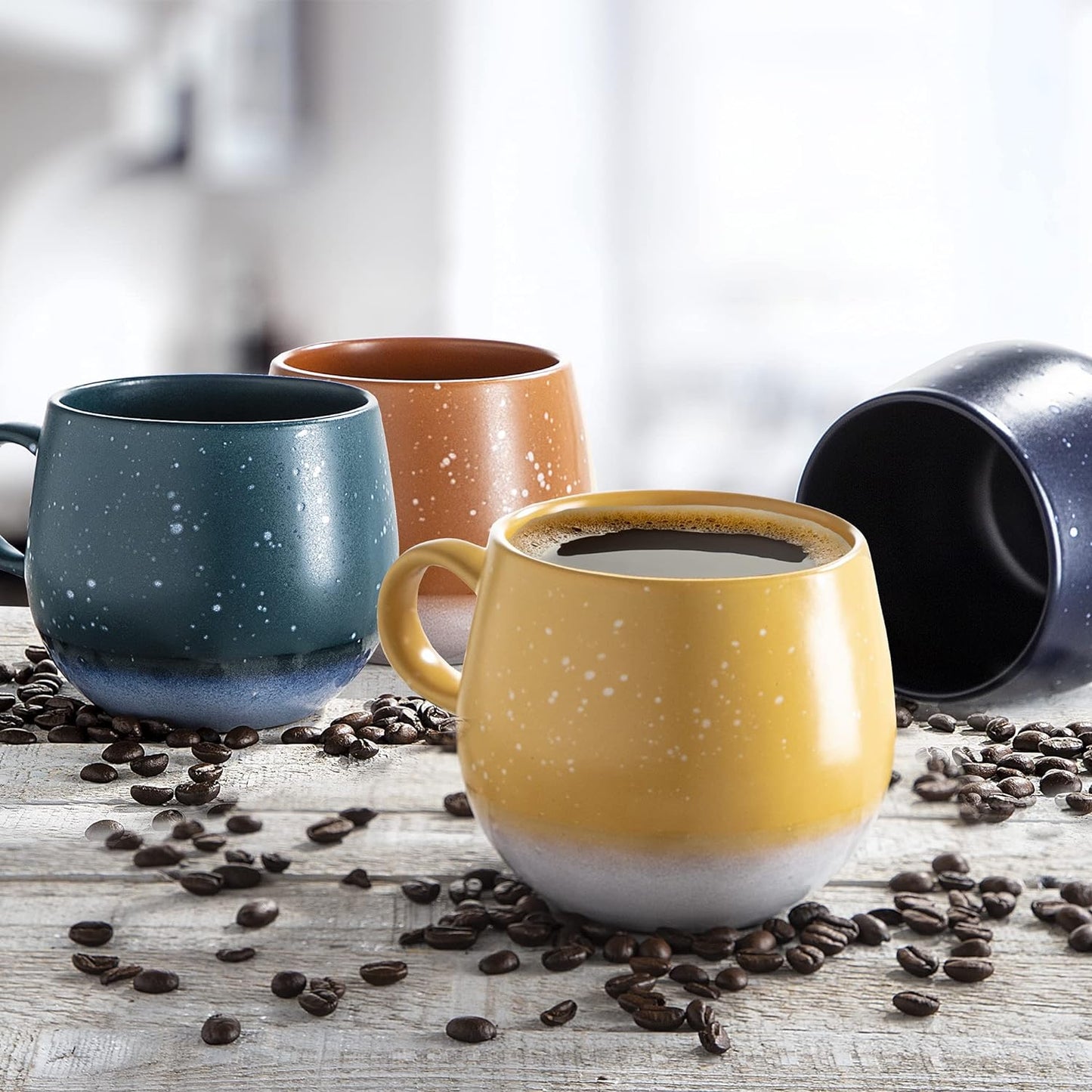 Set of 4 Stoneware Coffee Mugs- Bright and Colorful Coffee Cups, Mugs for Tea, Latte, and Hot Chocolate, 17 oz, (Teal, Navy, Yellow, Orange)