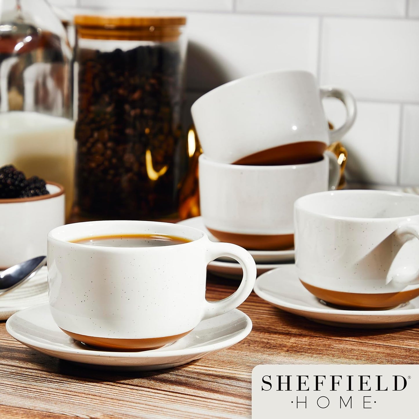 SHEFFIELD HOME Elegant Coffee Mug Set - Set of 4 Stoneware 8oz Cups with Saucers – Dishwasher and Microwave Safe Ceramic - Ideal for Cappuccino, Espresso, Latte, or Tea - Vanilla White