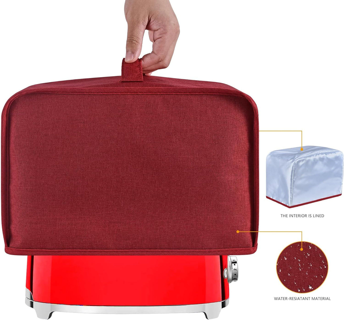 Toaster Cover with 2 Pockets,Can hold Jam Spreader Knife & Toaster Tongs, Toaster Appliance Cover with Top handle,Dust and Fingerprint Protection, Machine Washable (2 Slice, Red)